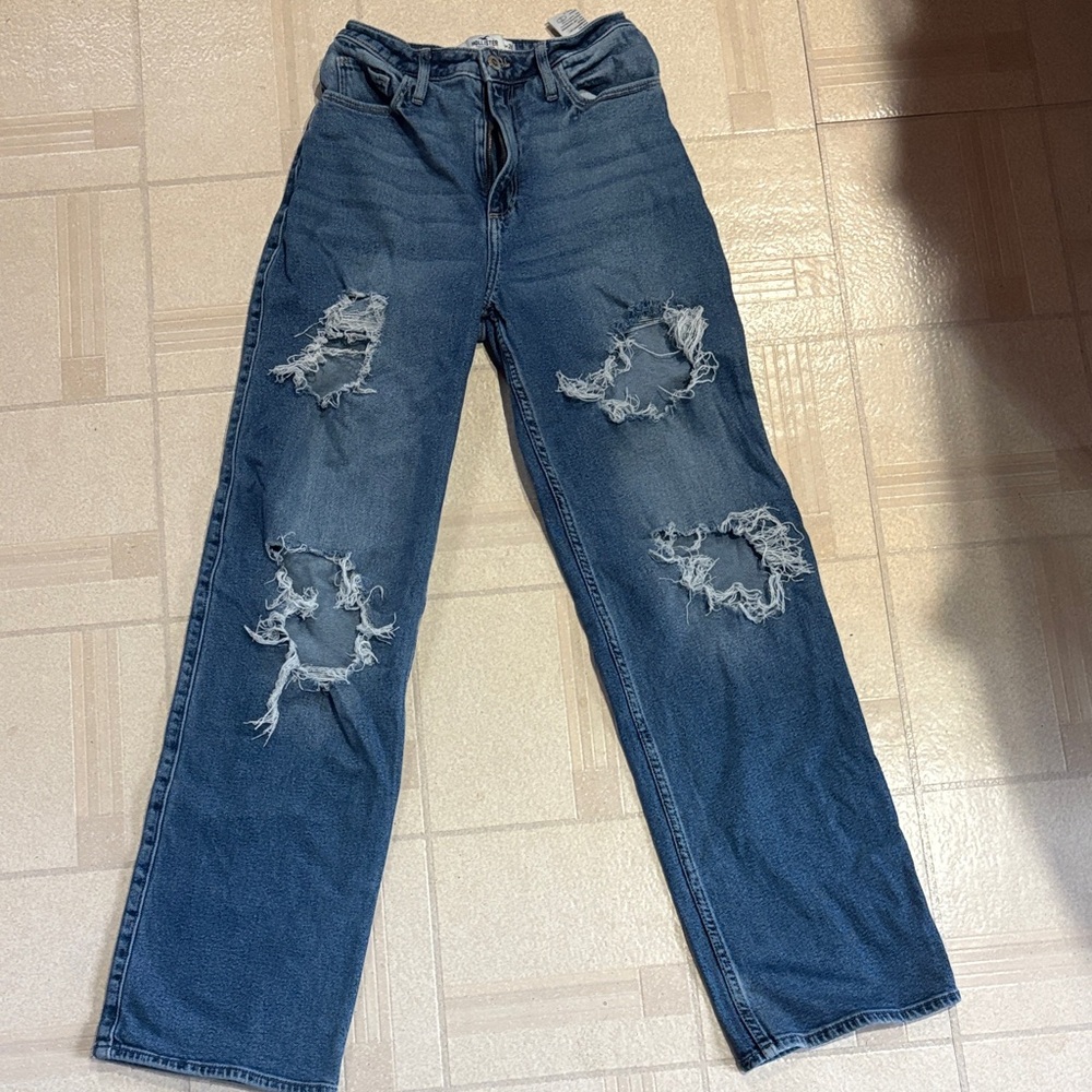 Hollister Women's Straight Leg Distressed Jeans - Blue